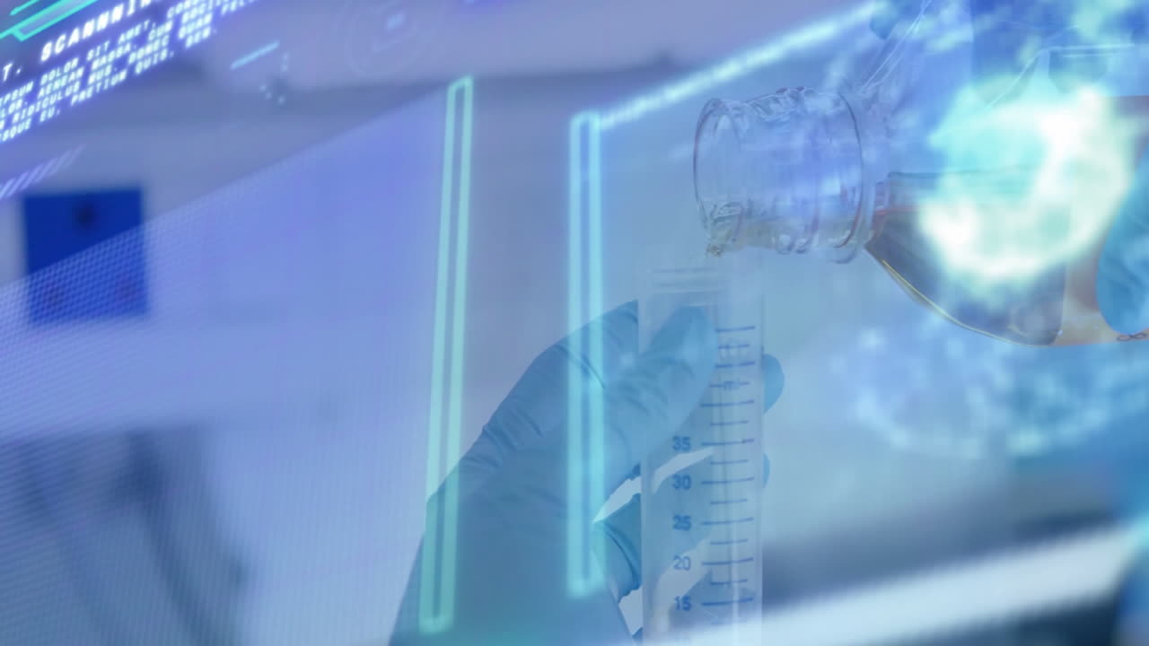 Gloved hand pouring liquid into beaker over scientific data graphs animation