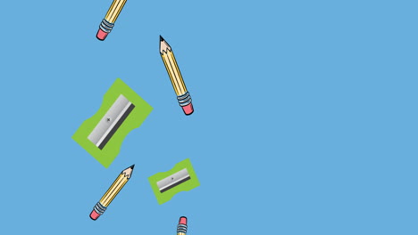 파란색 배경에 떨어지는 연필, erasers 및 연필 sharpeners의 애니메이션