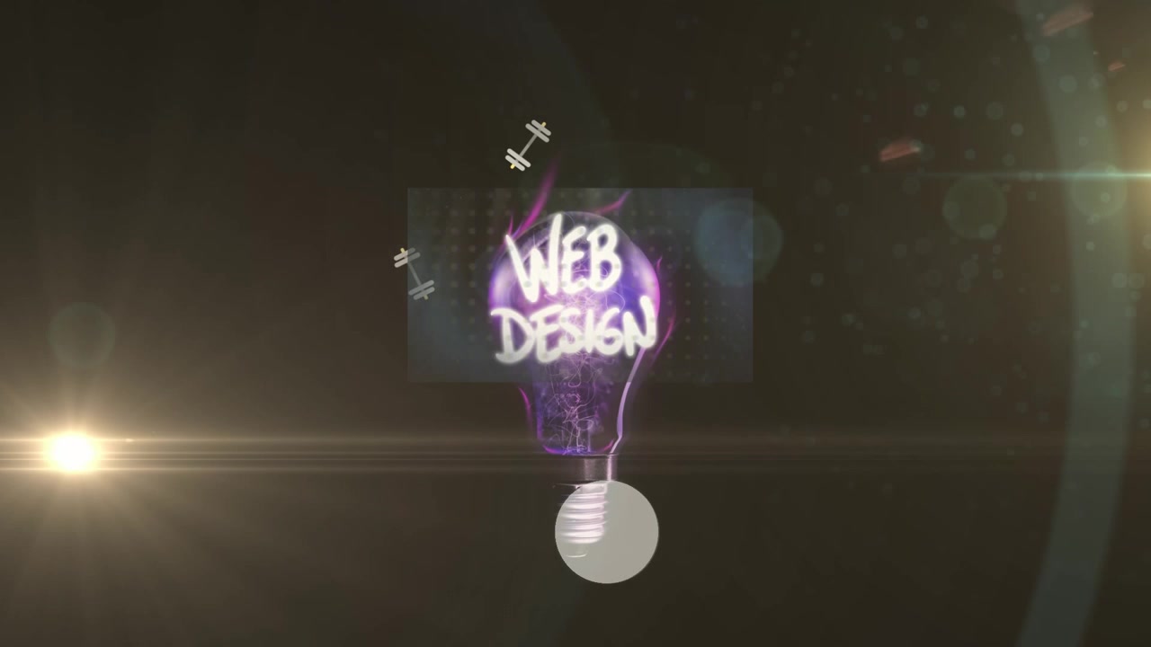 Animation of light trails over shapes and light bulb with web design text on black background