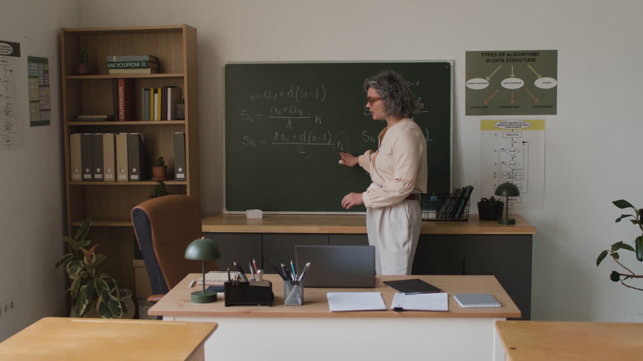 Teacher Explains Algorithms on a Blackboard