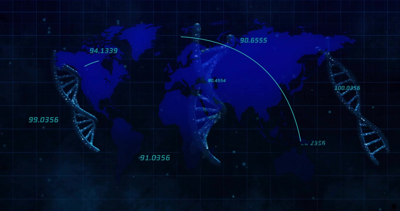 Animation of world map with data processing over dna strands