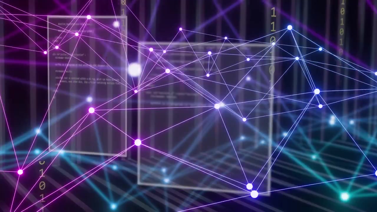 On panels sliding in, 3D network mesh pulsing and reorienting lines, visualizing data flow