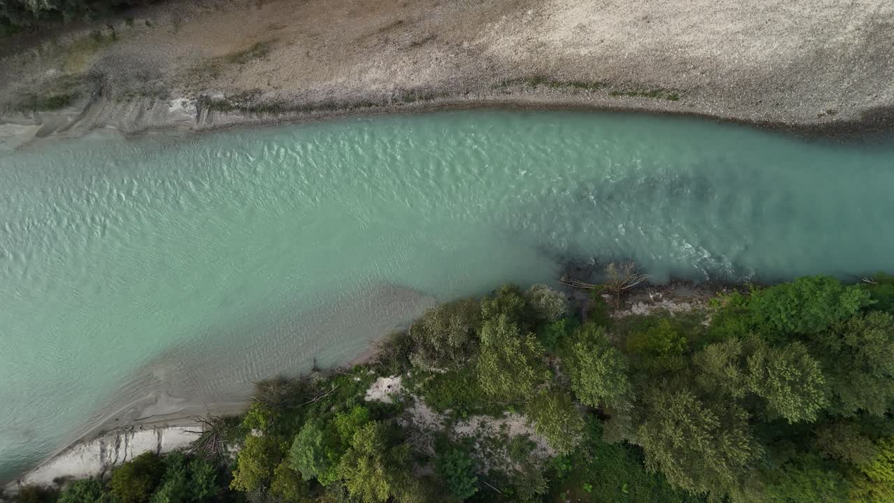 High view of beautiful river with clear blue water. Ansola d‘Ossola, River Toce, Italy.