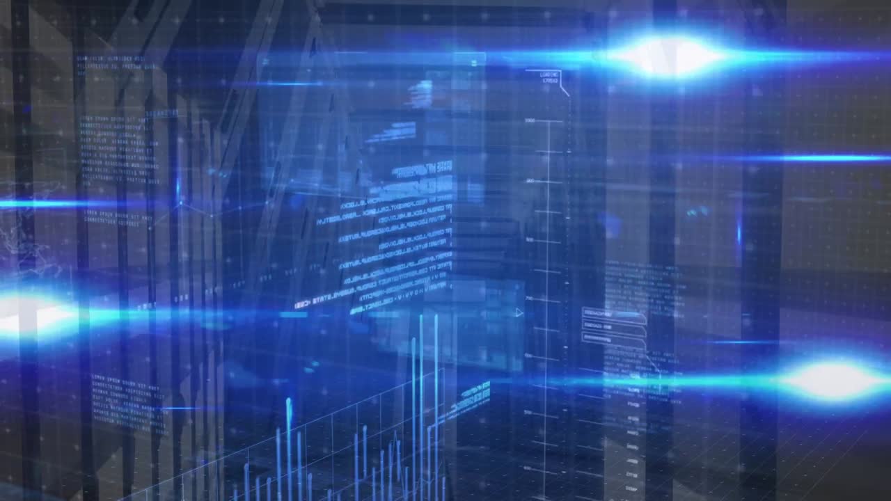 Animation of data processing and blue lights over servers