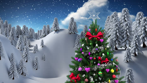 Animation-of-snow-falling-over-fir-trees-and-winter-scenery