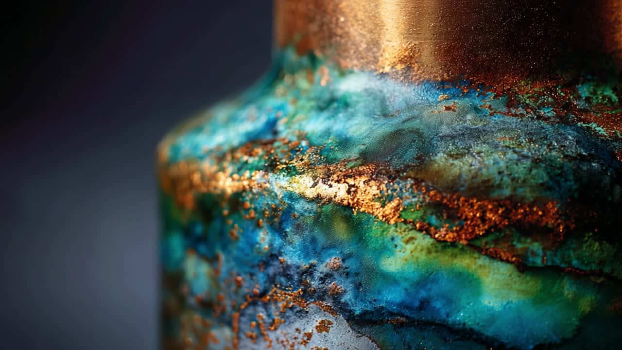 An Intimate Close-up of an Iridescent Ceramic Vase Showcasing Vibrant Blue Greens and Flecks of Copper, Highlighting Intricate Textures and Color Gradients in Detail