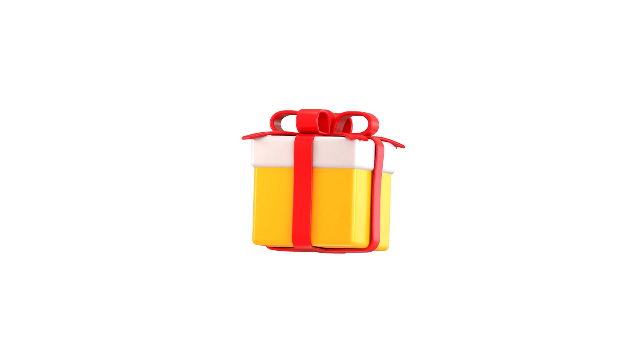 Scatola regalo gialla animata in 3D con nastro rosso fluttuante.