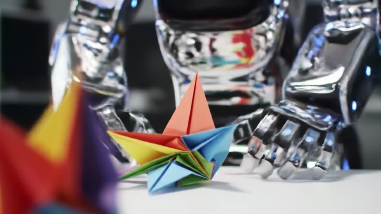 In a bright workspace, a robot skillfully folds colorful paper into origami figures, showcasing precision and creativity. The robot's movements highlight the merging of technology and art.