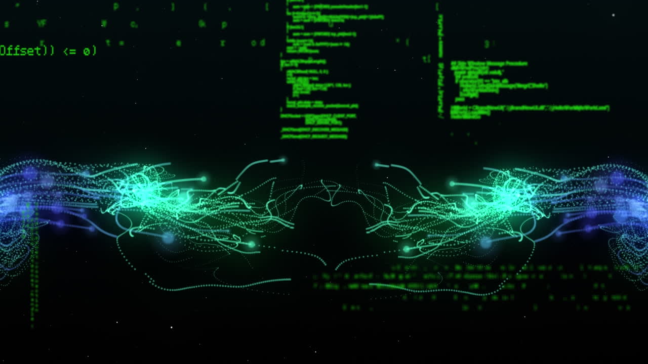 Animation of data processing in green on black background with green lights