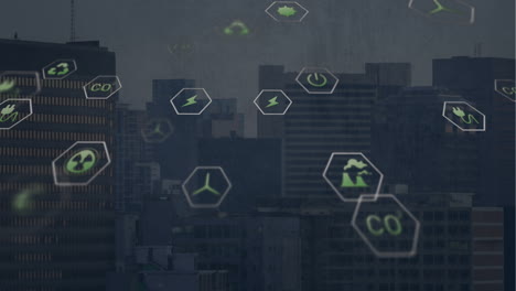 animación de múltiples iconos digitales flotando contra la vista aérea del paisaje urbano