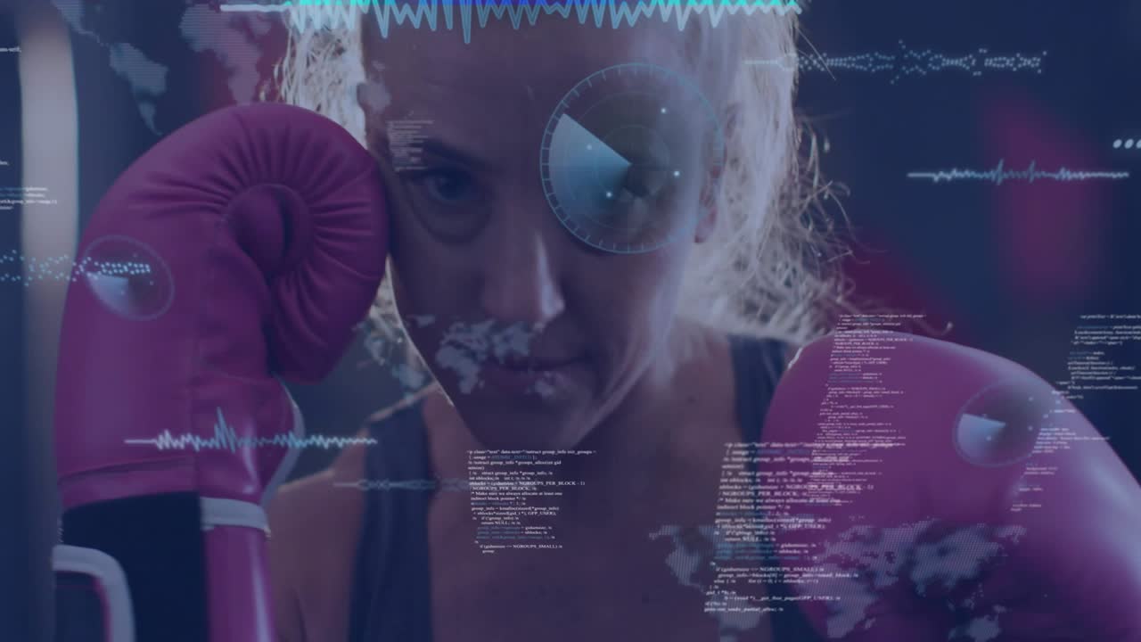 Female boxer jabbing pink gloves at camera in gym, activating HUD graphics and analyzing punches