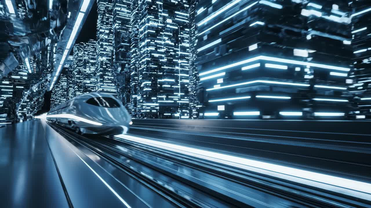 Futuristic High-Speed Train in a Digital City