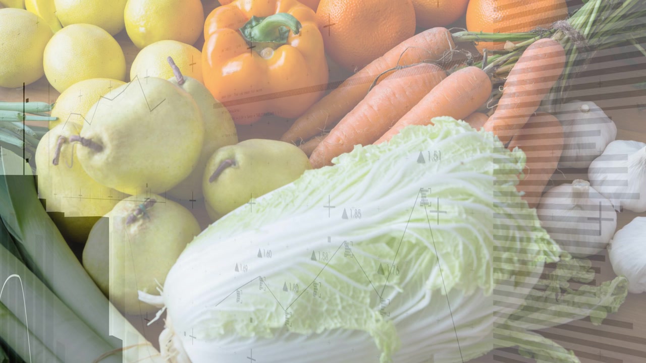 Prodotti agricoli che rimangono statici mentre appare un overlay tecnologico, maschere che scorrono e una forma d'onda che sale per il controllo qualità alimentare