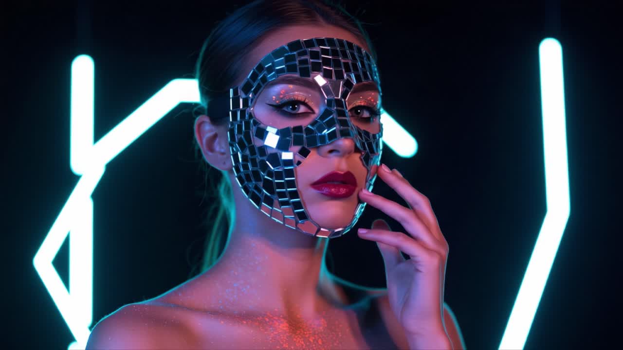 A captivating image of a model wearing a striking mirror mask, illuminated by vibrant neon lights, showcasing an enchanting blend of beauty and intrigue