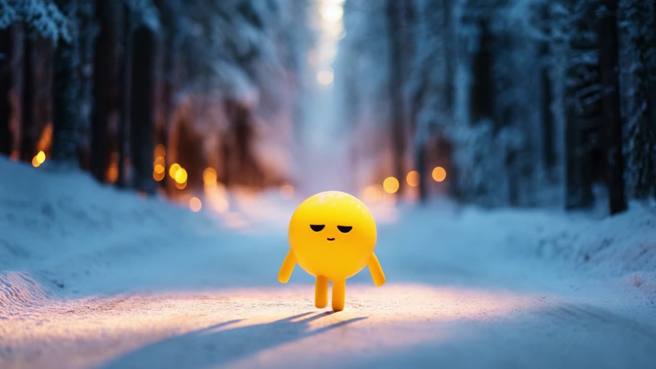 A cheerful yellow character strolls through a serene snowy forest, exuding warmth and joy as it navigates the peaceful winter wonderland, leaving a trail of happiness behind