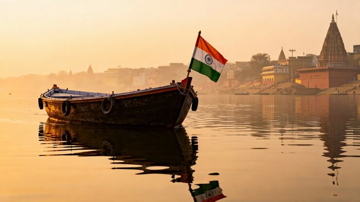 Barque en bois à la dérive avec un drapeau indien flottant, une légère brise agitant la rivière à l'heure dorée.