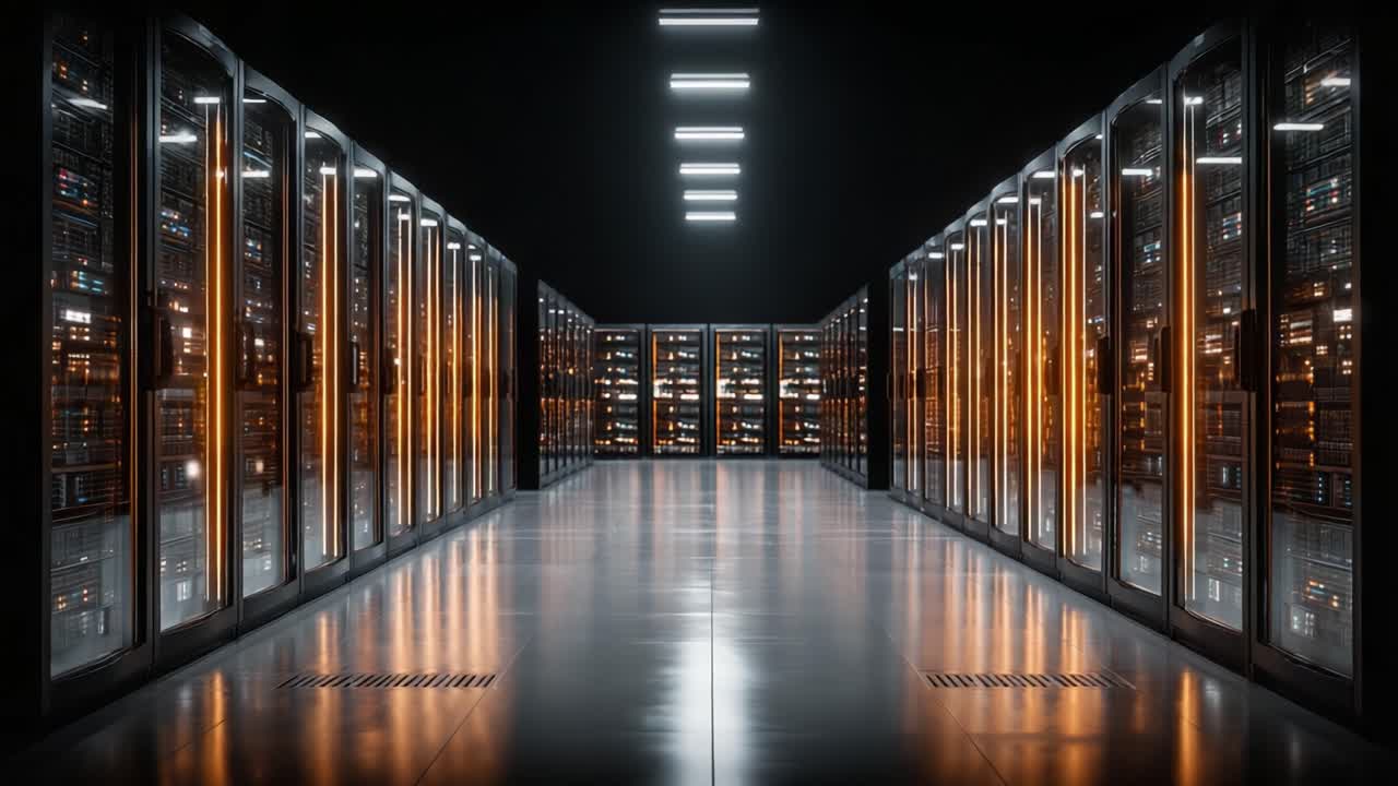 A Stunning View Inside a High-Tech Data Center, Featuring Rows of Illuminated Server Racks in a Modern, Streamlined Environment Perfect for Digital Operations