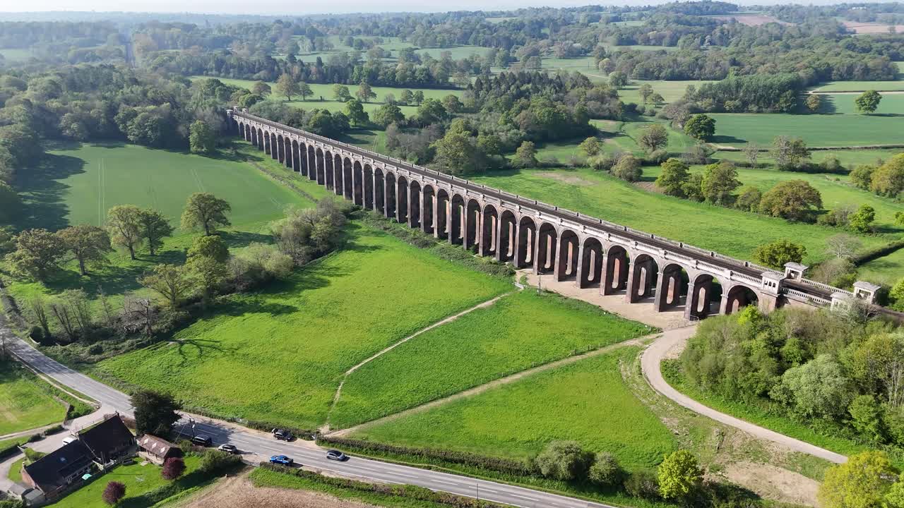 Breathtaking aerial footage of the Ouse Valley Viaduct (Balcombe Viaduct). Iconic Victorian architecture, sweeping countryside views. Perfect for travel, history, and heritage projects
