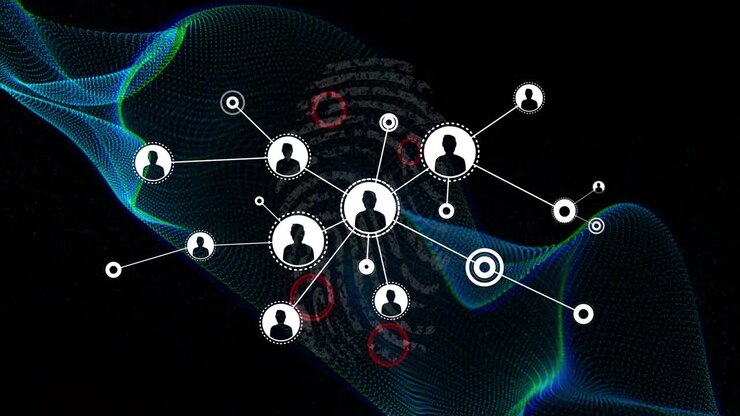 Network visualization flowing scene, connecting avatar nodes with fingerprint and red highlights