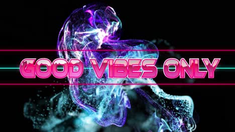 animation of good vibes only text banner over glowing purple digital waves against black background