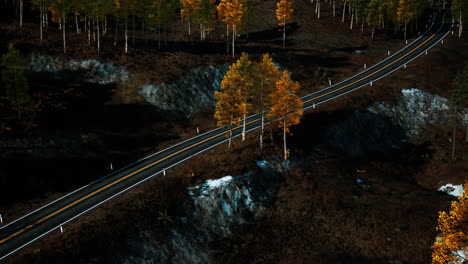 Aerial-over-a-winding-forest-road-in-Finland-during-sunset