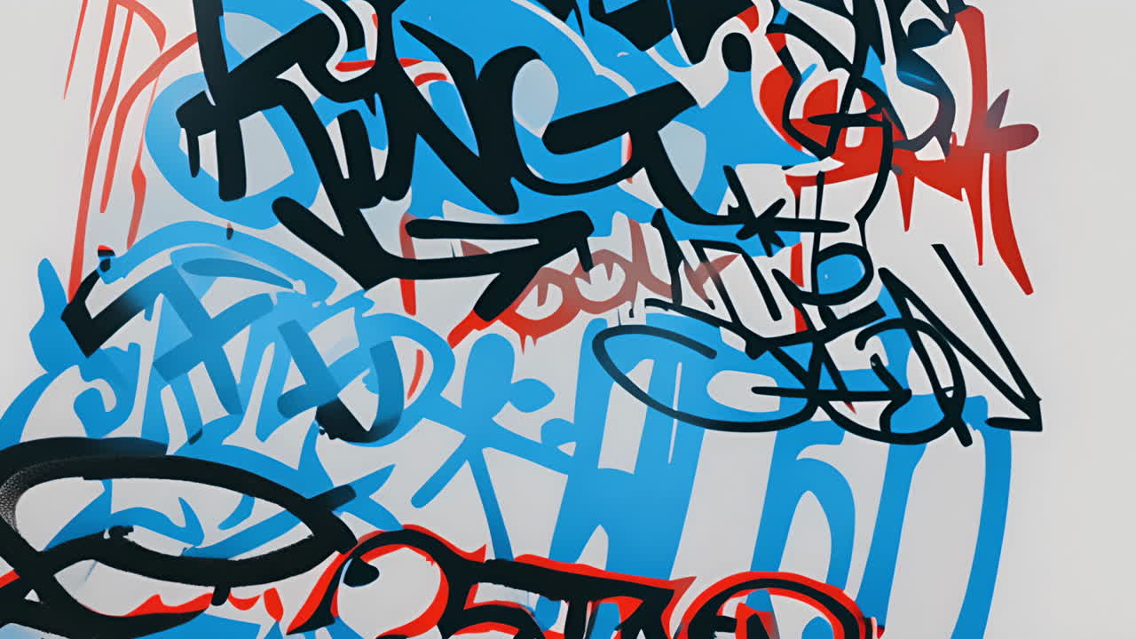 Colorful graffiti tags and abstract shapes animation over white background