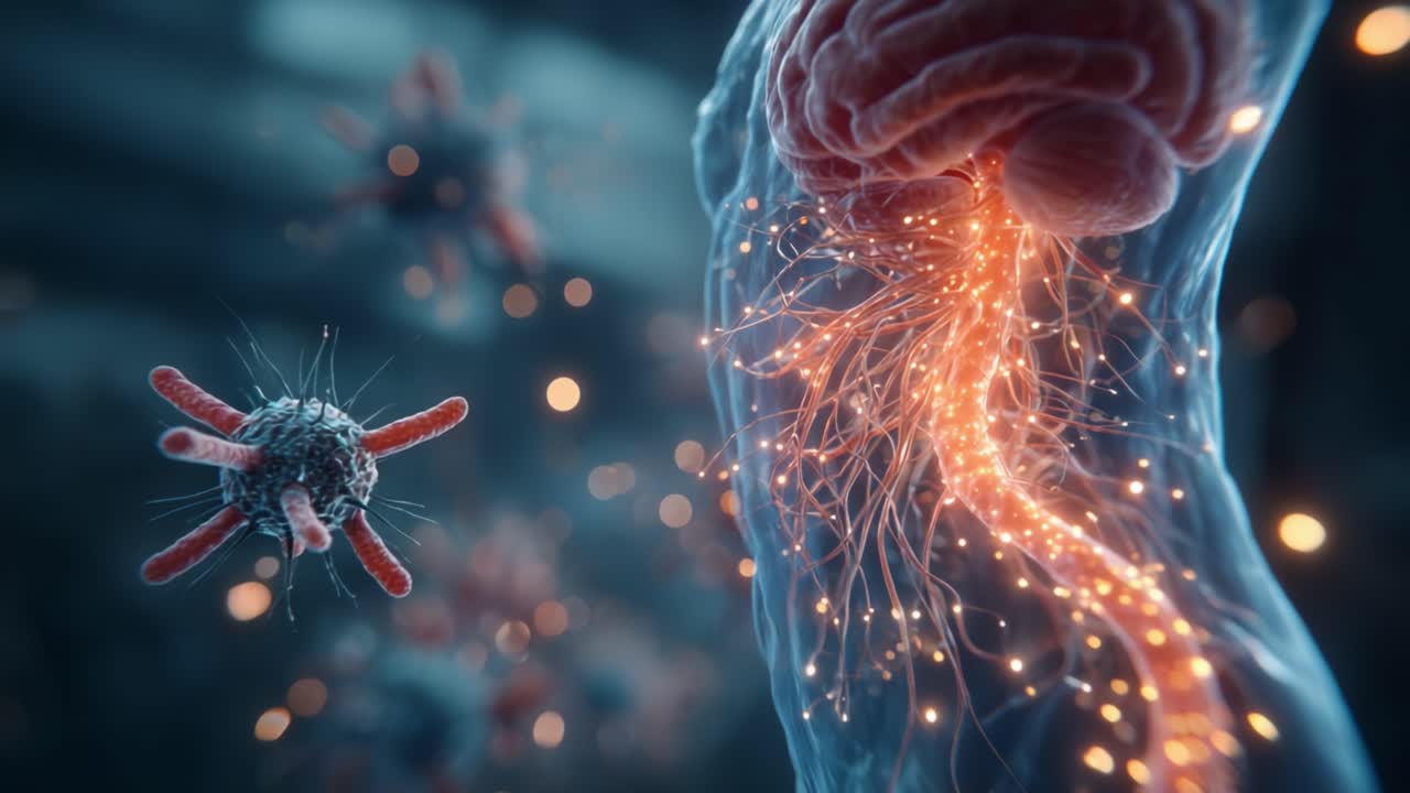 Et indviklet syn på neurale forbindelser og mikrobielle interaktioner: En imponerende visuel udforskning af forbindelsen mellem neuroner og mikrober.