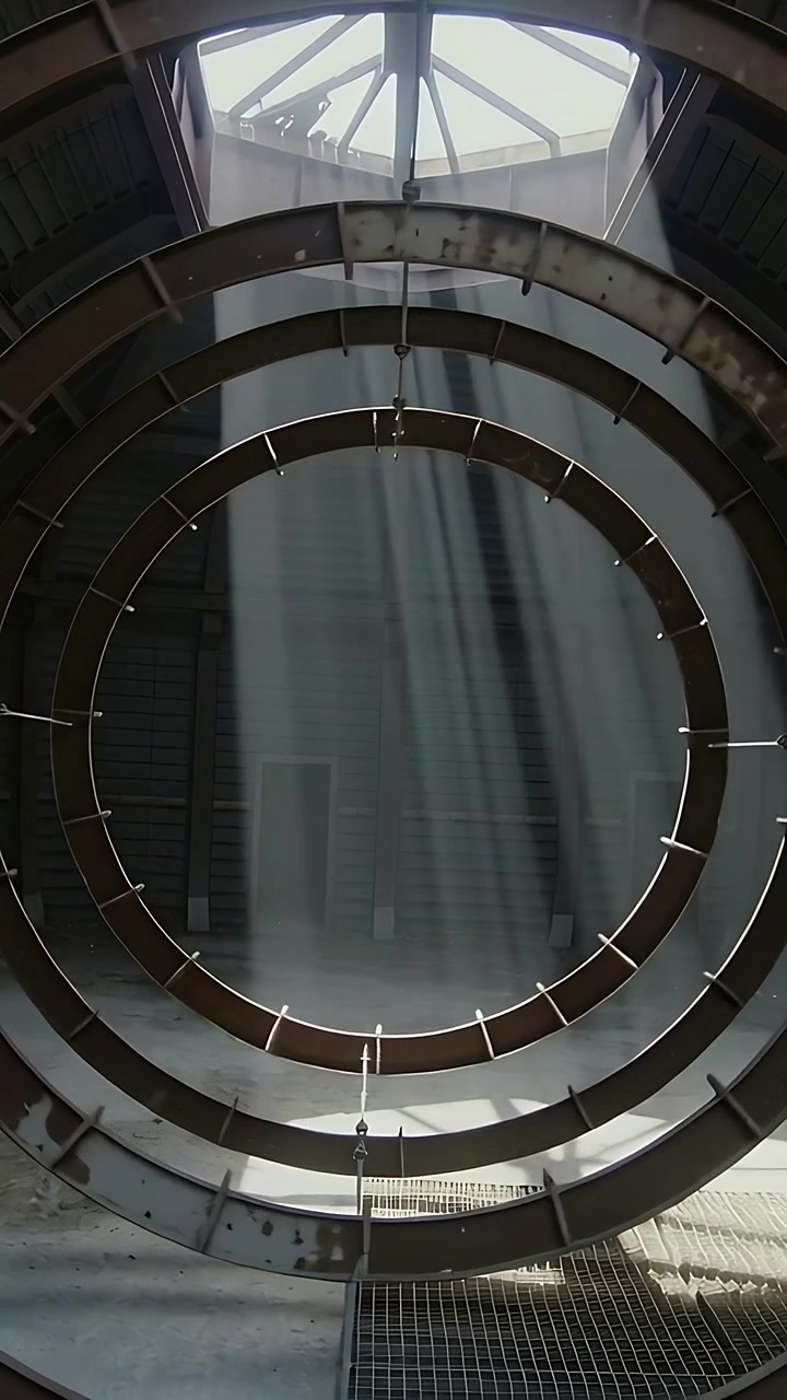 Vertical video: Tilting camera revealing concentric metal rings at industrial shaft, with skylight