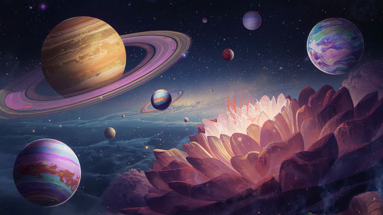 Camera showcasing ringed gas giant planet on left in outer space, with glowing flower on right