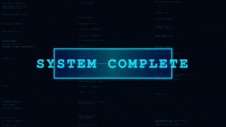 Tekstoverlay 'Systeem voltooid' op scrollende computercode