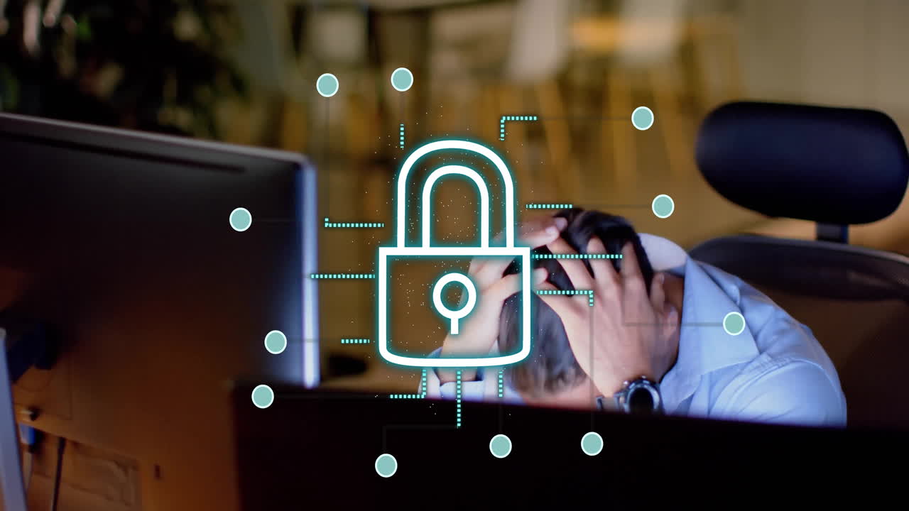 animación de cerraduras y ciberseguridad sobre persona estresada que trabaja en la oficina
