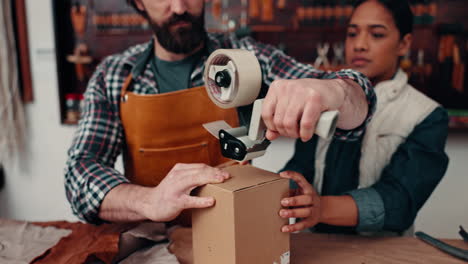 packing, leather and people with box at a shop