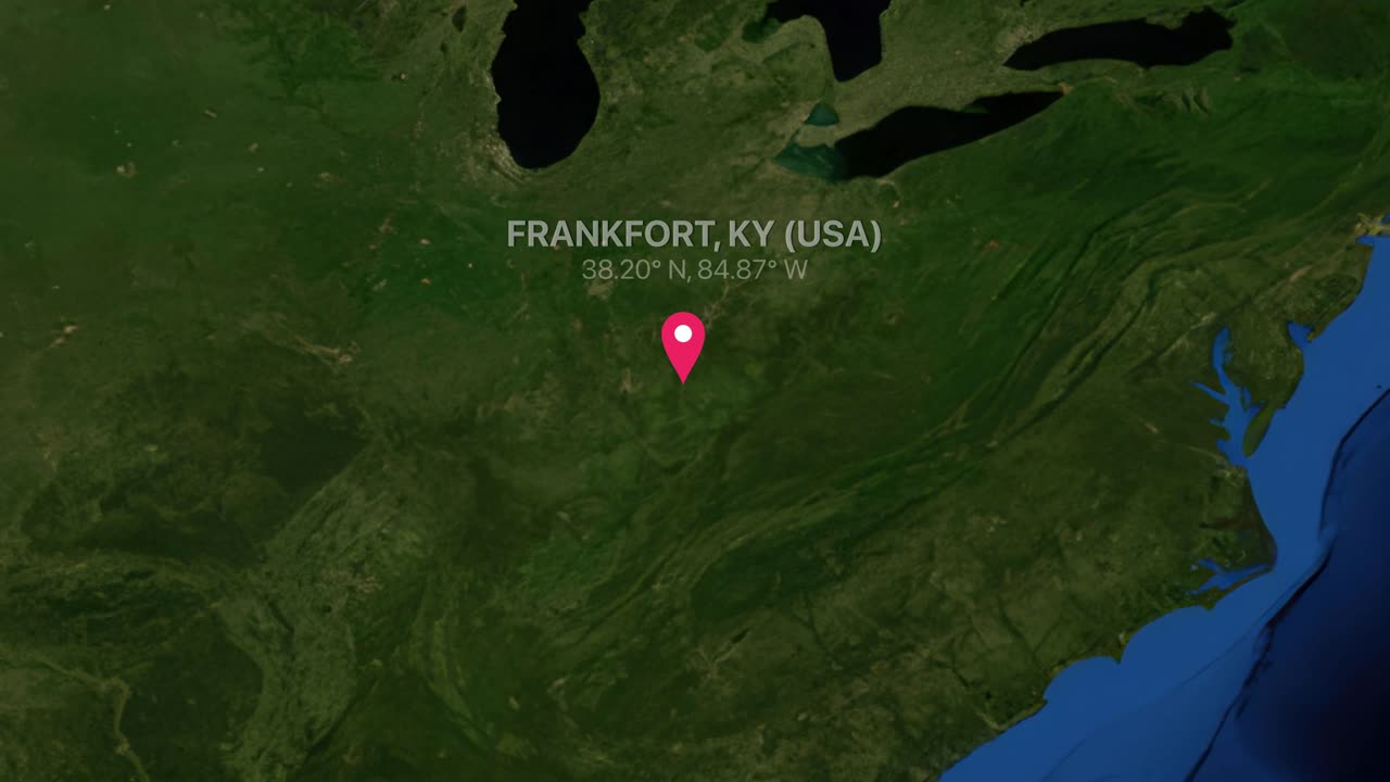 Digital earth render zooms from a global map into a specific location pin in Kentucky