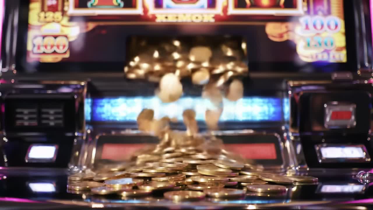 A Captivating Moment at the Slot Machine: An Overflow of Coins Illustrating the Thrills of Gambling and the Allure of Winning Big in a Casino Environment