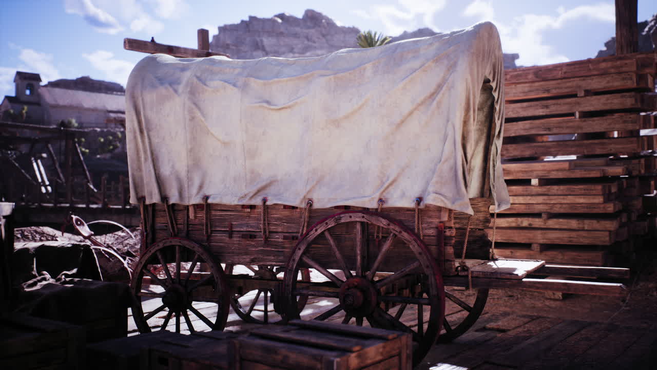 Wooden wagon covered with canvas in a rustic marketplace setting