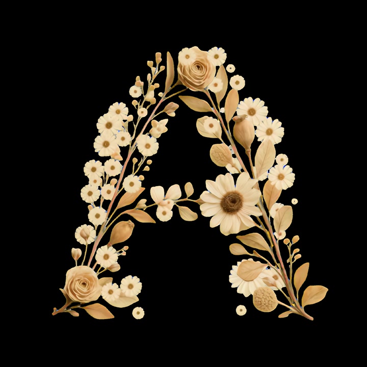 Bokstaven A formad av beige blomsterarrangemang på svart bakgrund