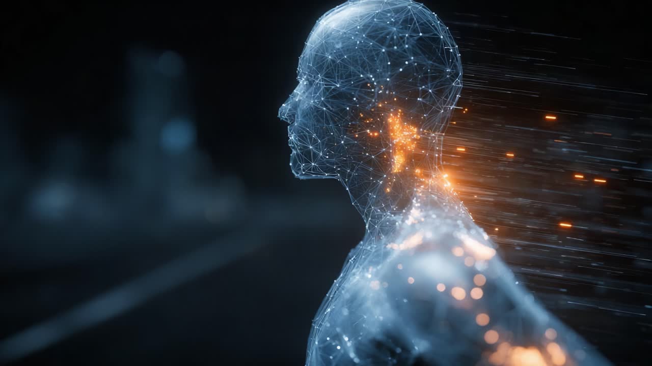 Un affascinante viaggio visivo che mostra una silhouette umana composta da flussi di dati luminosi ed effetti scintillanti, che rappresenta l'intersezione tra tecnologia e forma umana.
