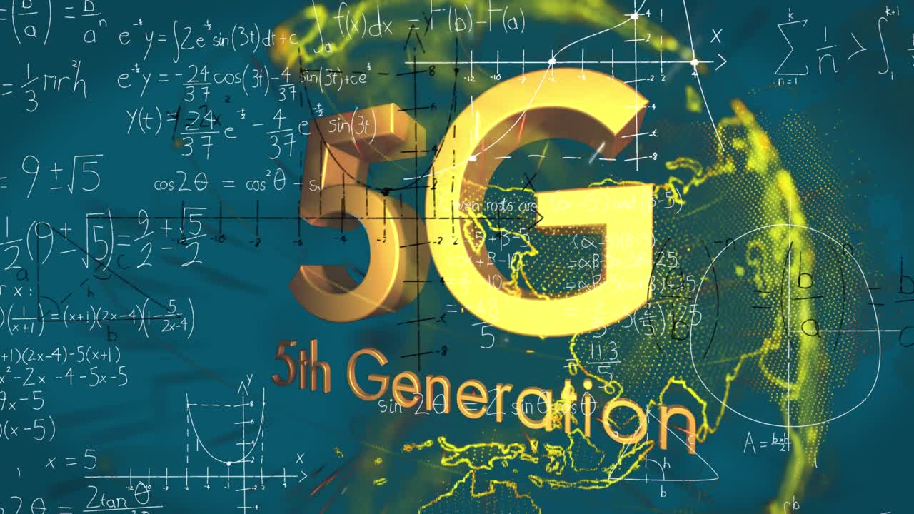 Animace matematických rovnic a textu 5G se zpracováním dat.
