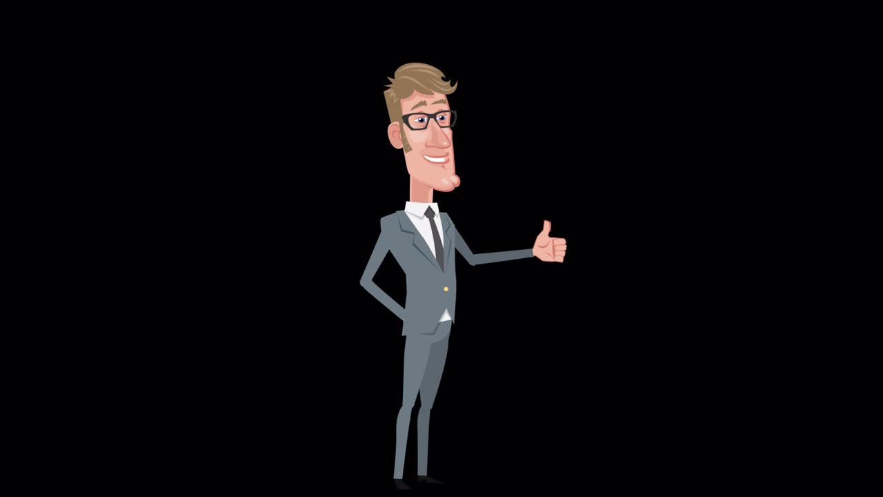 Cartoon elegant businessman character thumbs up hand gesture animation with alpha channel