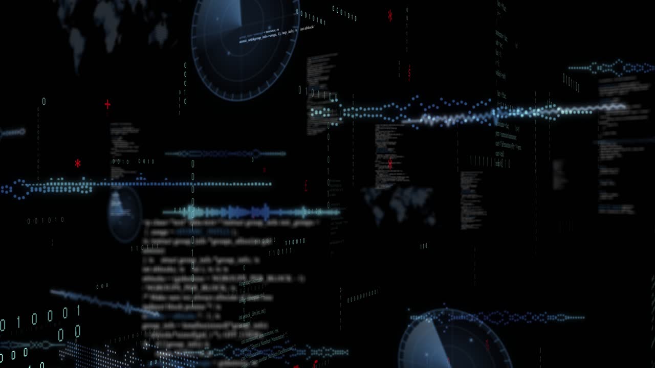 On data arrival data HUD fading in, layering waveforms, rotating dials, highlighting key points
