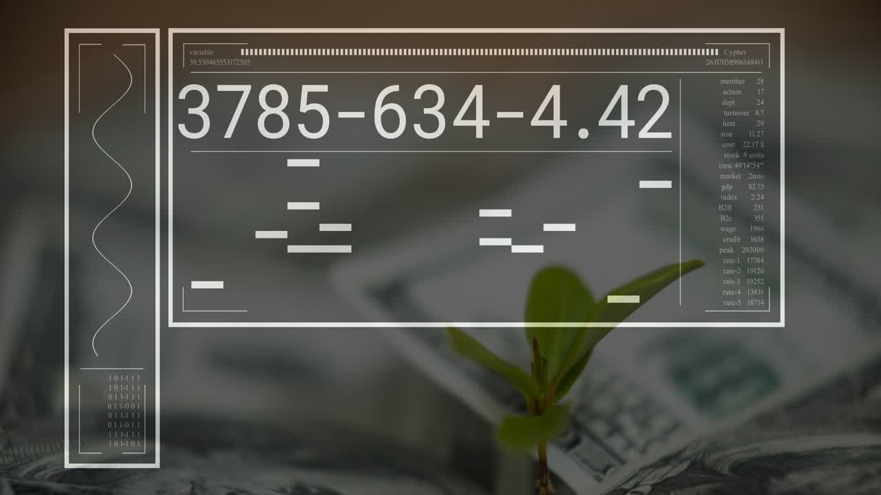 Apertura del wireframe, sovrapposizione HUD che scorre numeri su piantina e banconote sfocate, mostrando dati di crescita.