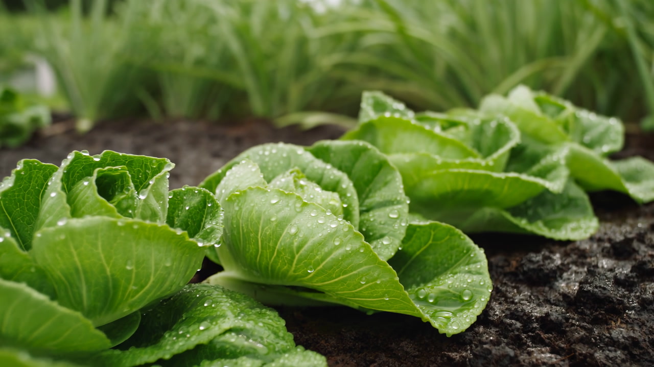 Fresh Lettuce Heads On Moist Soil, Early Morning Closeup In Organic Garden Bed, Water Droplets Glistening