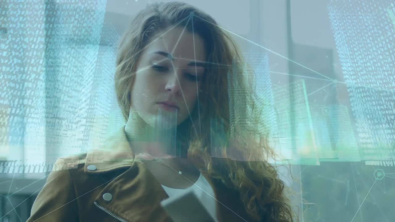 red de conexiones y procesamiento de datos contra la mujer caucásica que tiene pasaporte