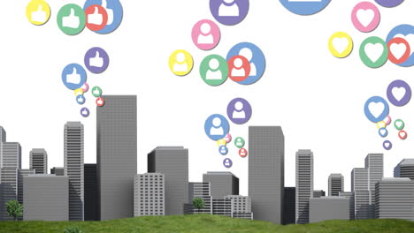 animation of multiple colourful digital social media icons flying over cityscape