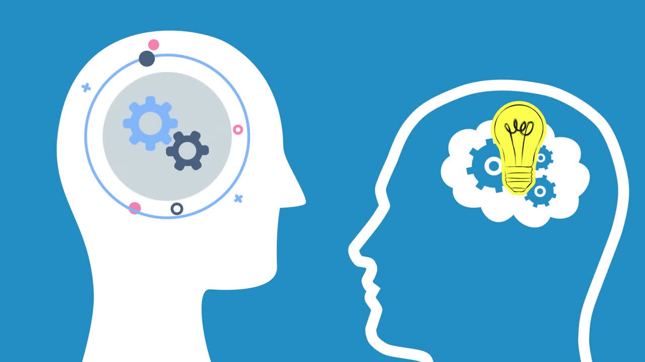 Animation of light bulb icon over human heads on blue background