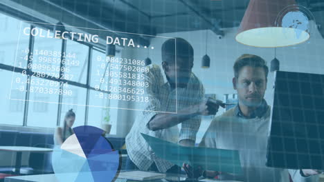 Animation of data processing and diagrams over diverse male colleagues discussing work in office