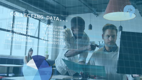 animation of data processing and diagrams over diverse male colleagues discussing work in office