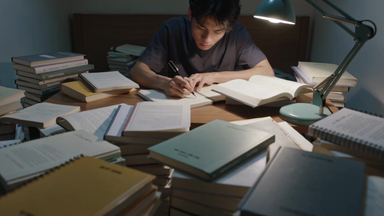 Studying student in dark tee leaning, writing with pen at bedroom desk, green lamp and textbooks