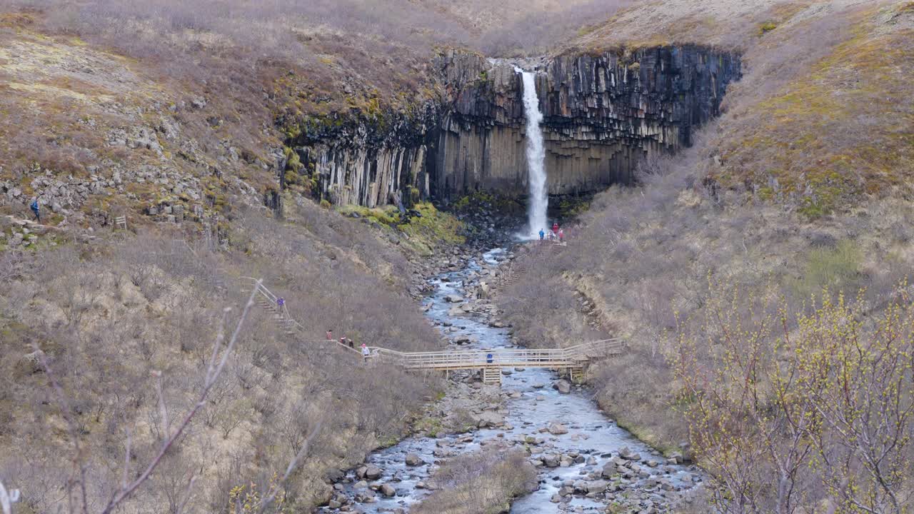 el agua que cae sobre la cascada svartifoss en islandia en un paisaje de otoño
