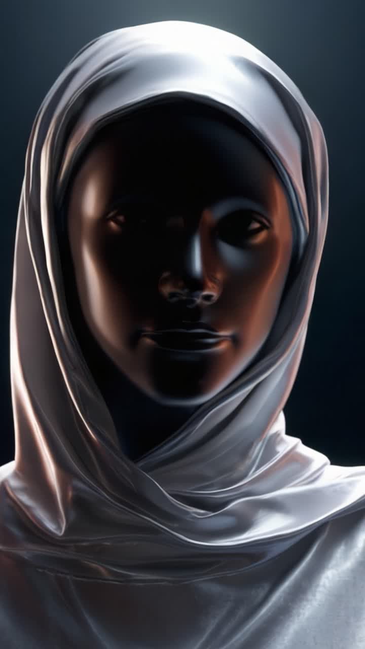Un'affascinante figura di donna che indossa una sciarpa di seta, la sua espressione serena rivela sia bellezza che mistero sotto una luce soffusa, creando un'incantevole opera d'arte visiva.